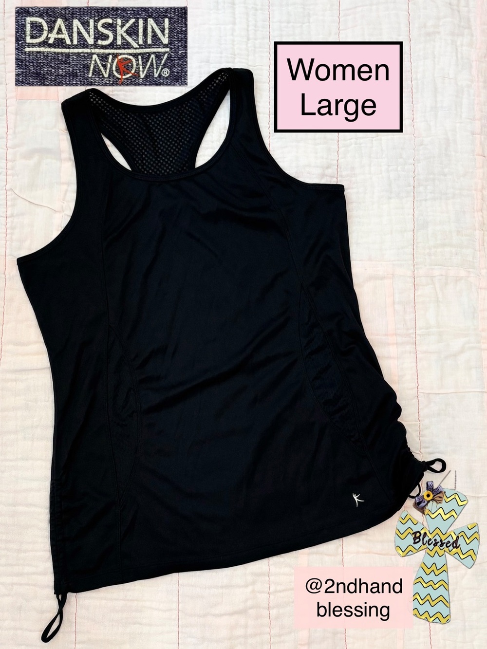 Danskin Now Black Women's Racerback Tank, Sz L, Mesh Upper Back, Side Cinch